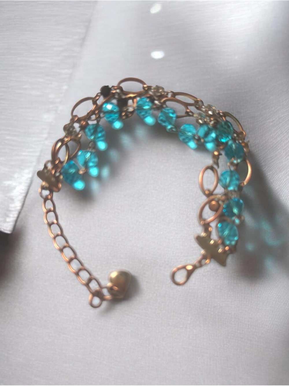 Gold-Tone  Copper Bracelet with Aqua Blue Crystal Beads